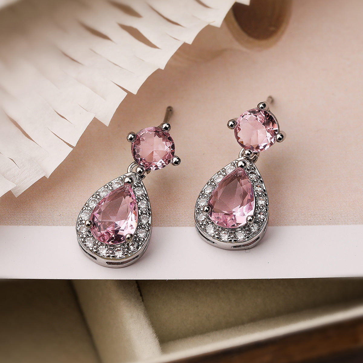 Minimalist Geometric Drop Earrings for Women in Plated Copper with Zircon Accents