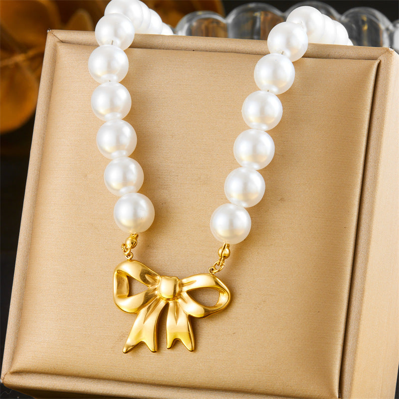 Conjunto de collar y pulsera de acero inoxidable chapado en oro con cadena de perlas vintage francés, broche OT, vieira y estrella de mar
