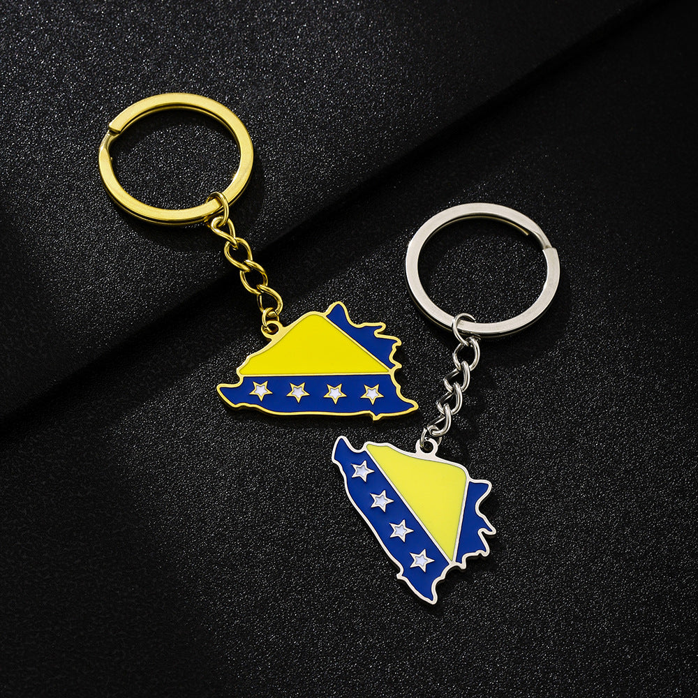 Llavero de Acero Inoxidable Esmaltado con la Bandera de Bosnia y Herzegovina con Forma de Mapa Geométrico