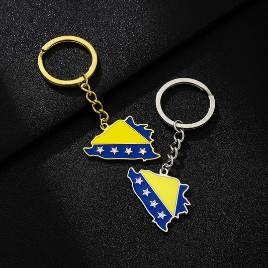 Llavero de Acero Inoxidable Esmaltado con la Bandera de Bosnia y Herzegovina con Forma de Mapa Geométrico