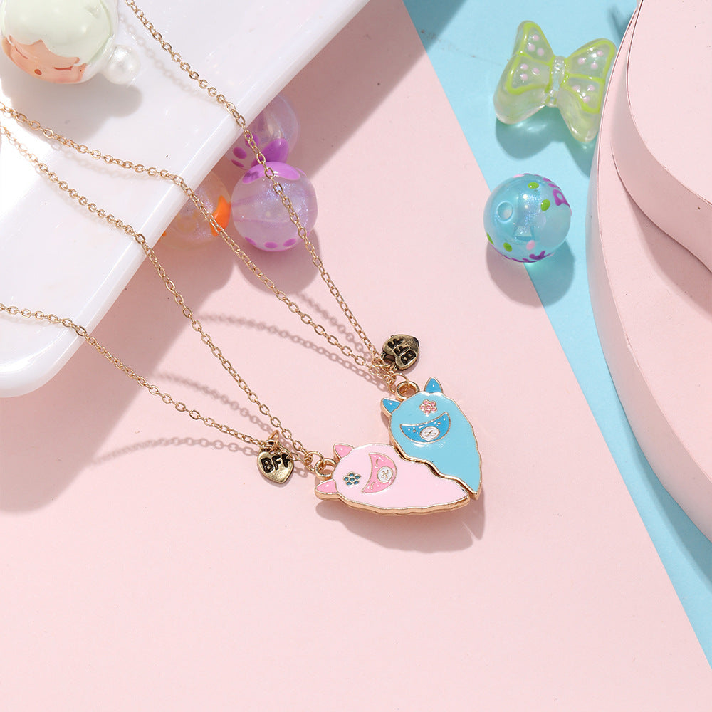 Collana con ciondolo gatto cartone animato per bambini, collana in lega con finitura smaltata, stile catena serpente per bambine dai 3 ai 10 anni