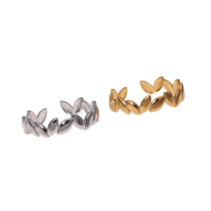 Minimalist 18K Gold Plated Stainless Steel Three-Leaf Clover Open Ring for Women