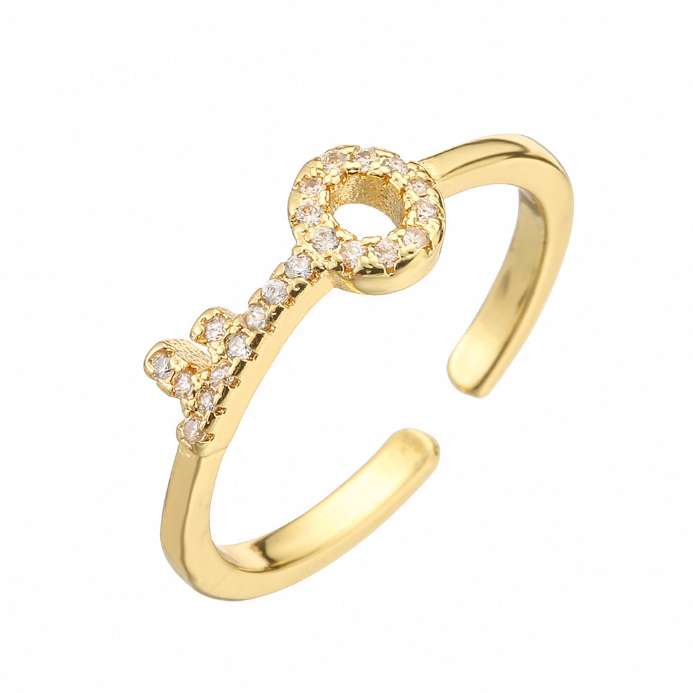 Anello aperto da donna minimalista e geometrico, in ottone placcato oro vero e intarsiato con zirconi cubici