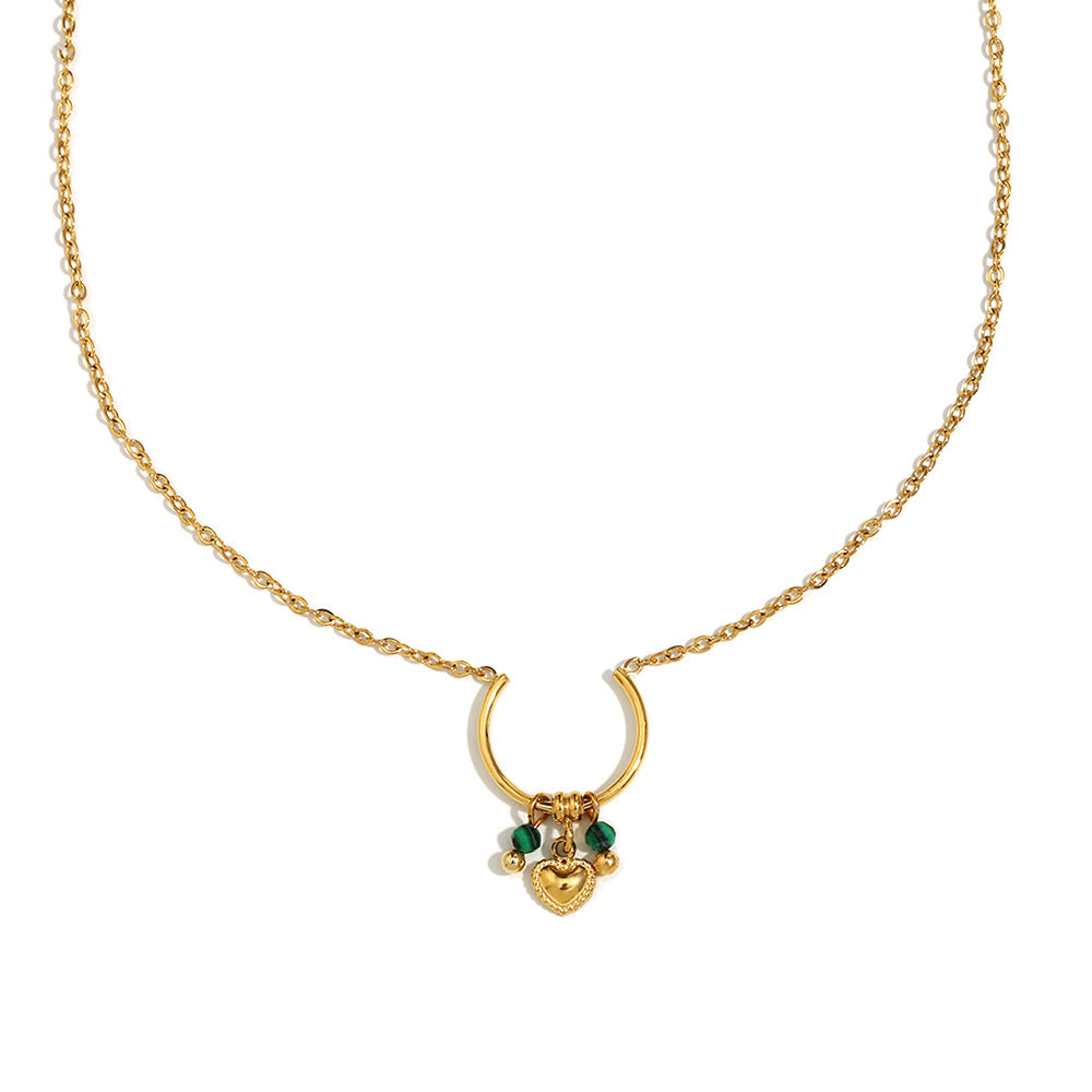 Fashionable Minimalist Geometric Round Ring and Heart Pendant Necklace in Stainless Steel with 18K Gold Plating for Women