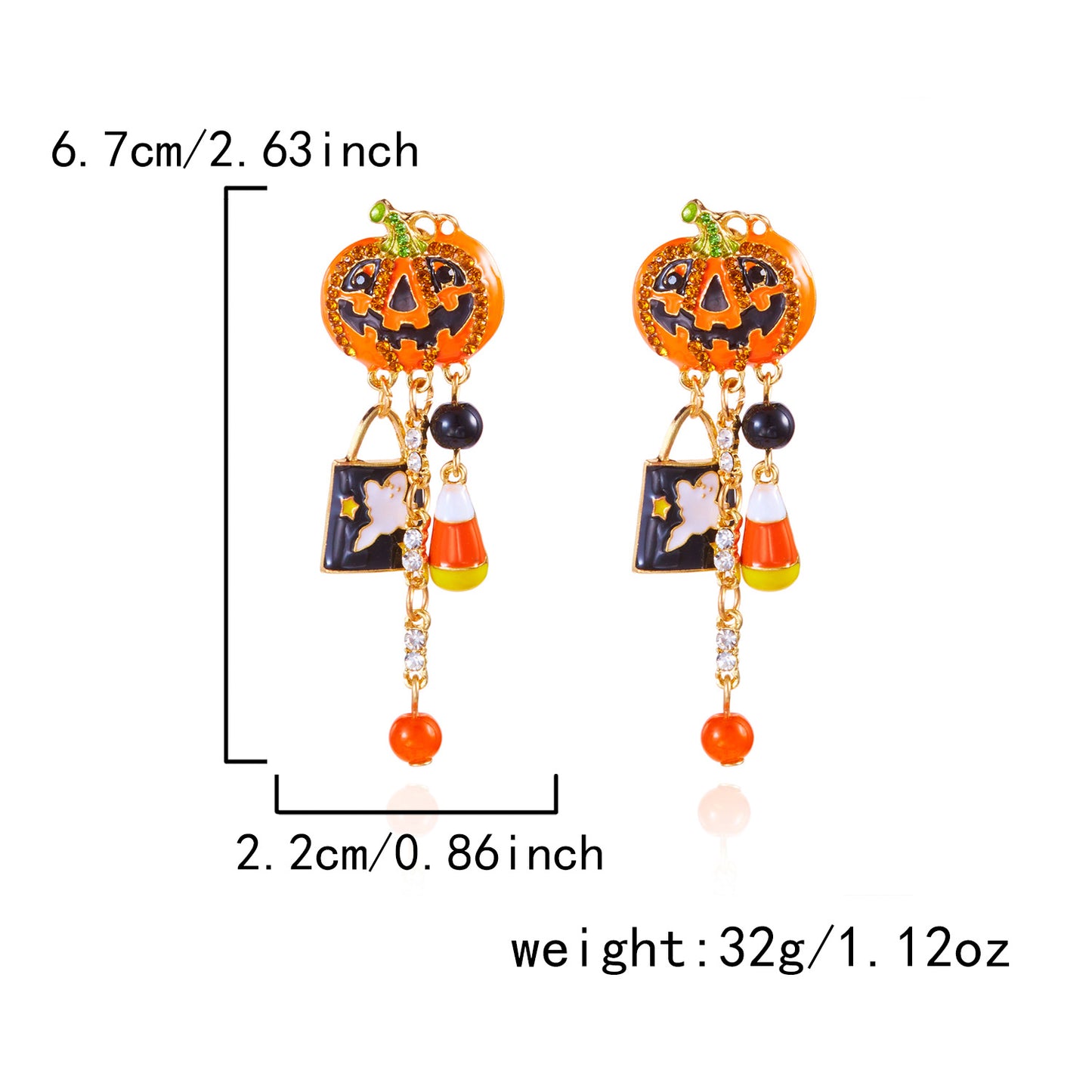 Pendientes oscuros góticos con forma de calabaza, esmalte y pedrería con postes de acero inoxidable para mujer