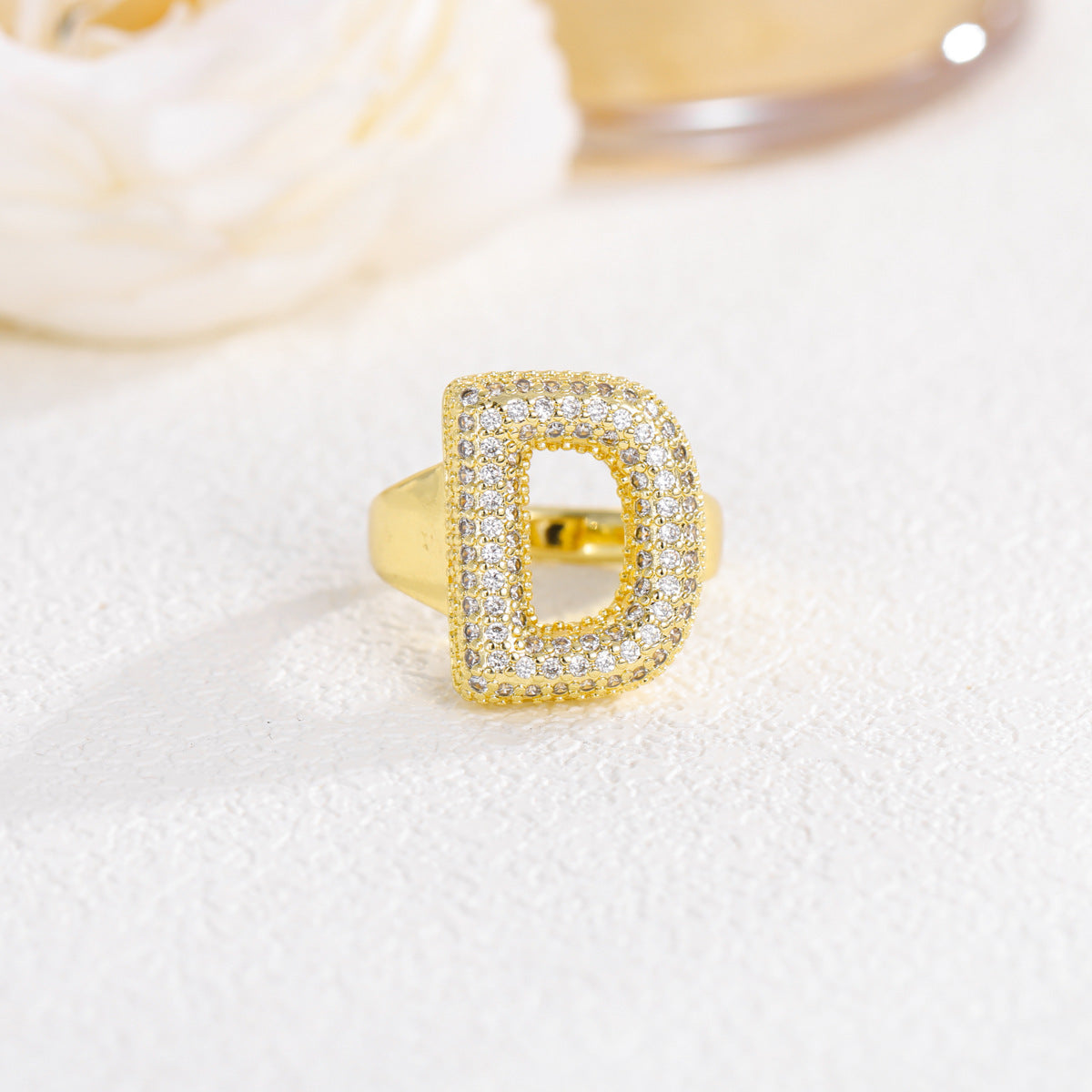 Sweet Plated Brass Letter Ring with Cubic Zirconia Adjustable Open Ring for Women and Men