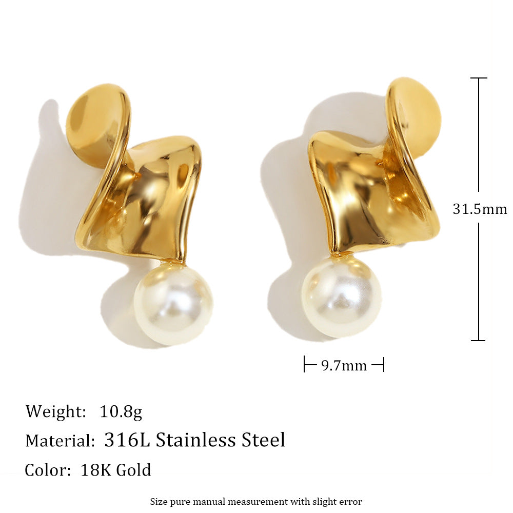Elegant Geometric Stainless Steel Earrings with 18K Gold Plating and Twisted Pearl Accent for Women