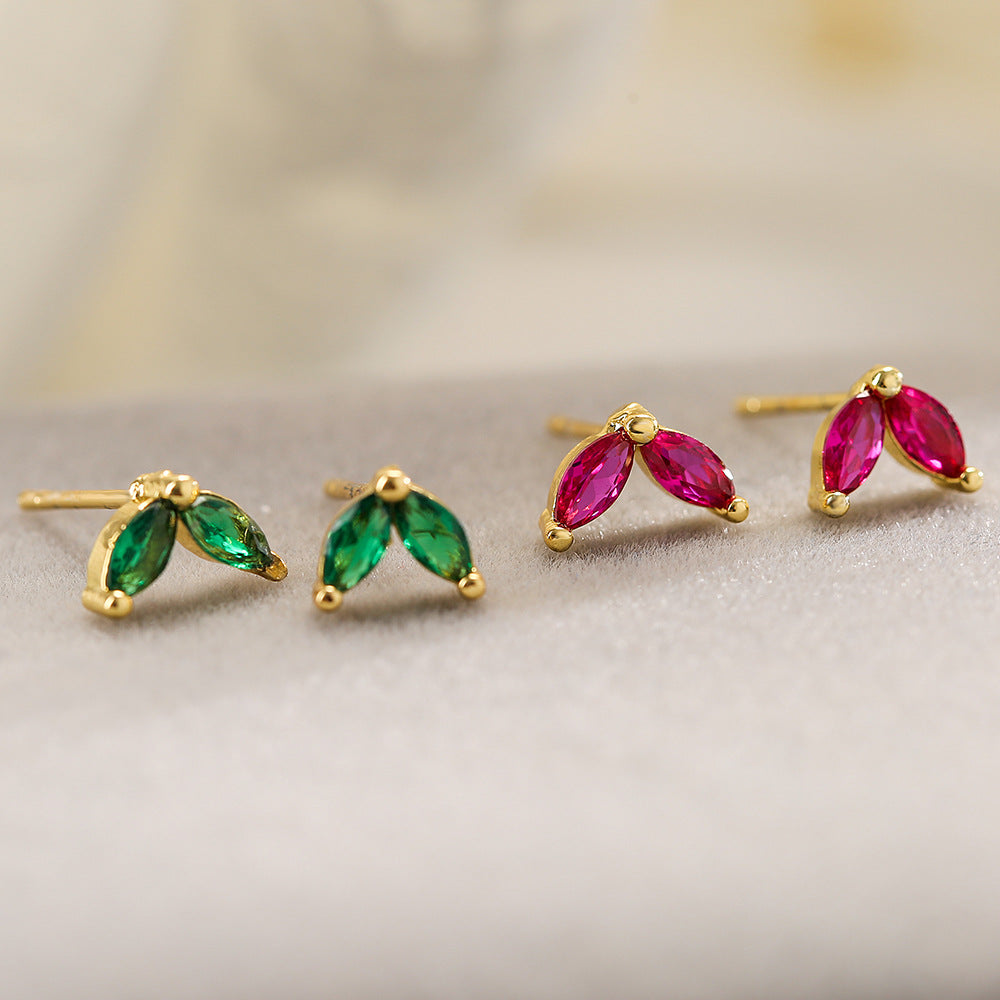Minimalist 18K Gold Plated Brass Geometric Leaf Stud Earrings with Cubic Zirconia for Women