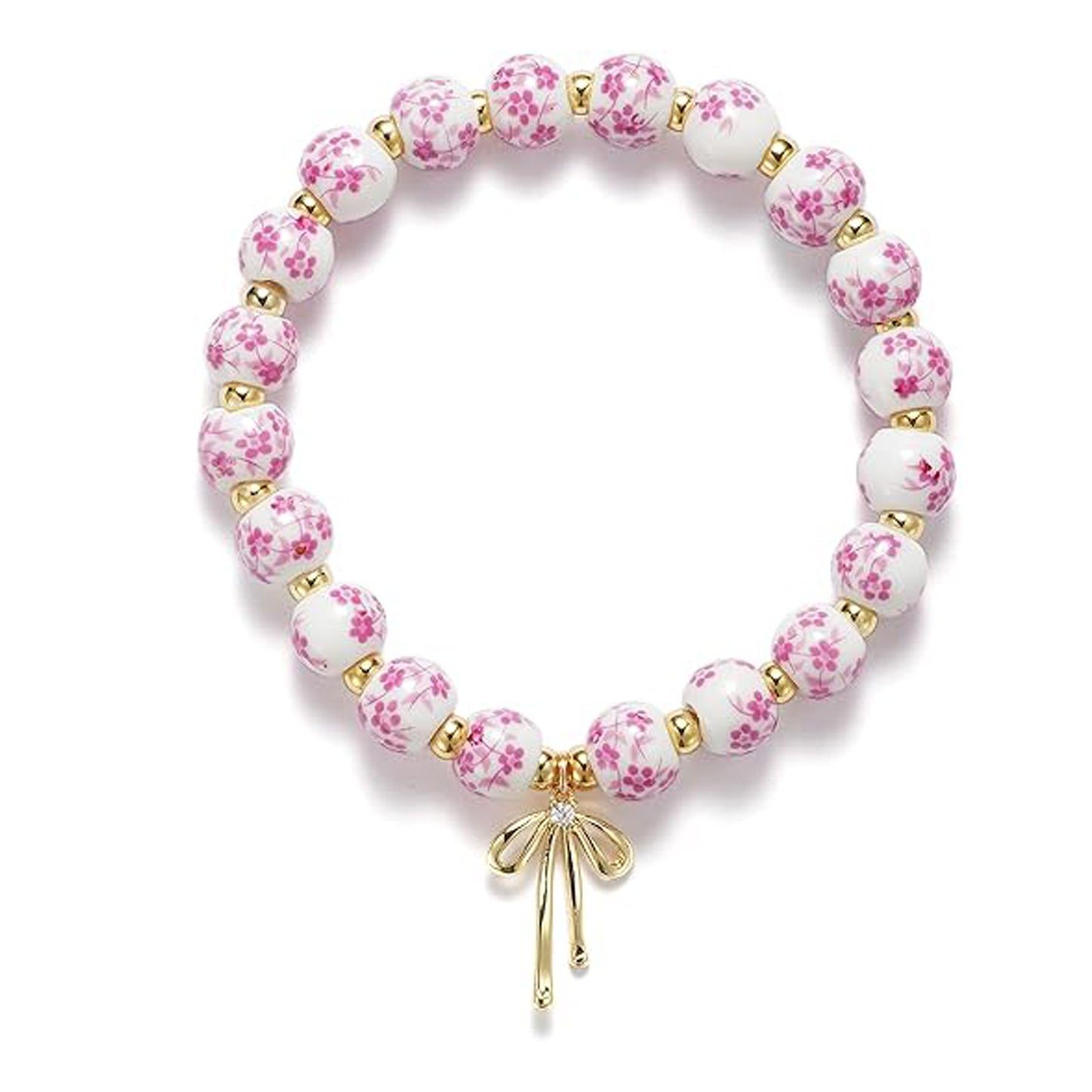 Minimalist Floral Ceramic Bow Rhinestone Beaded Elastic Bracelet for Women