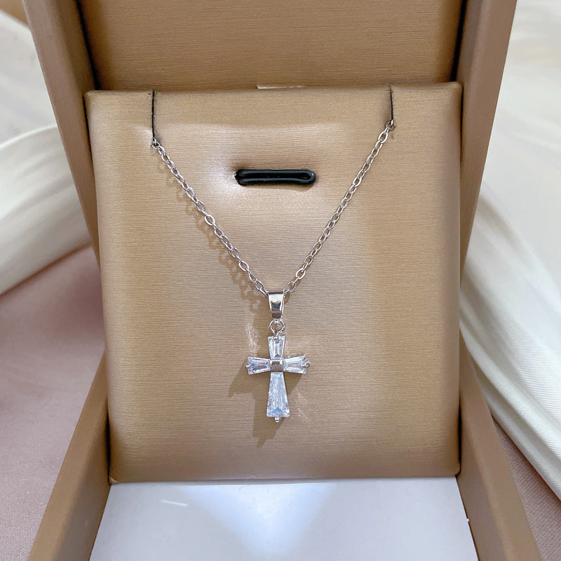 Luxury Minimalist Titanium Steel Geometric Cross Pendant Necklace for Women Collar Chain with Rhinestone Inlay