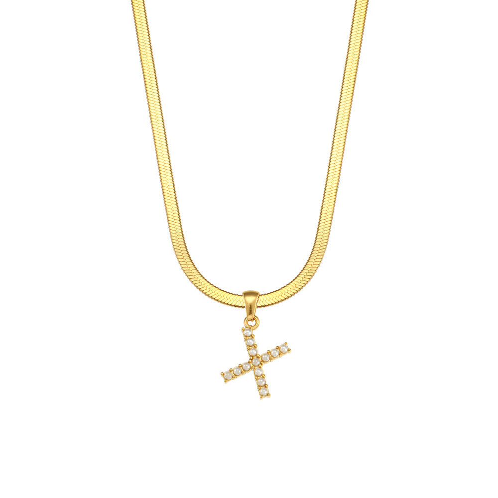 Fashionable Letter Pendant Necklace for Women Stainless Steel Plated 18K Gold Flat Snake Chain with Pearl Accent