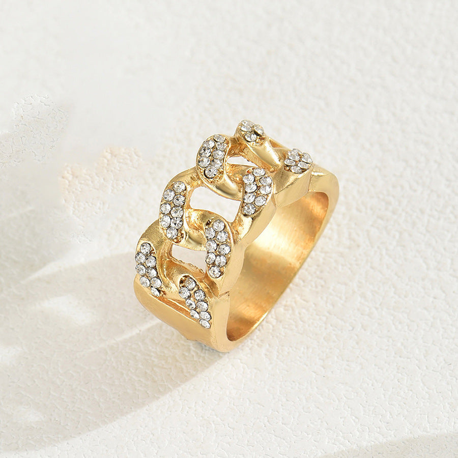 Anello da donna in lega di zinco con geometria a U, intarsiato con strass, stile lusso leggero