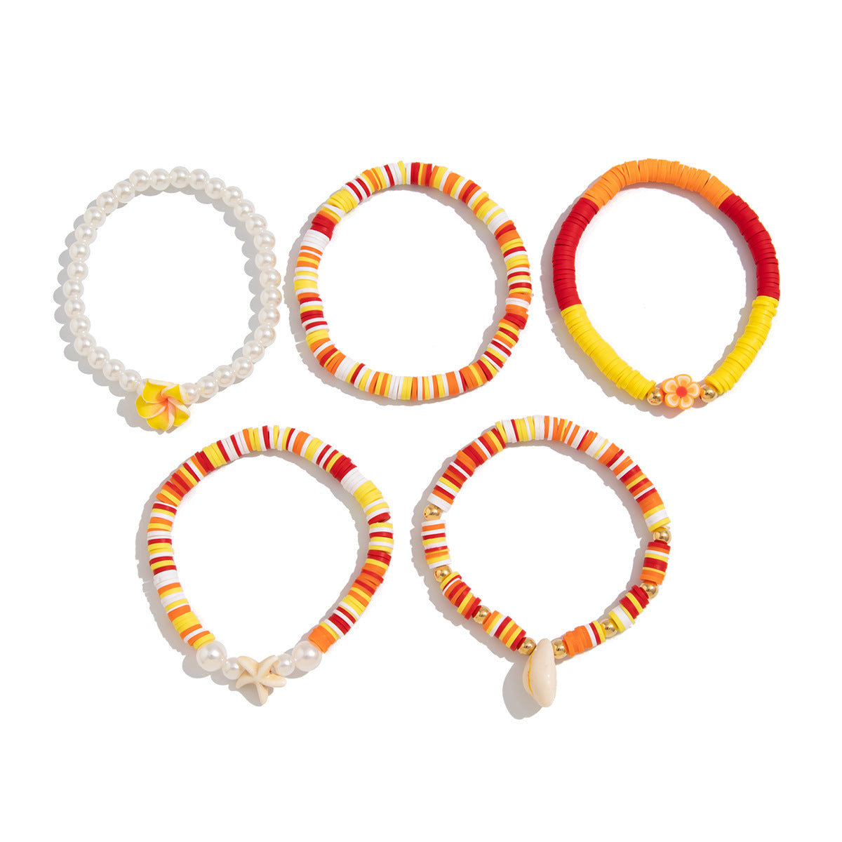 Set di bracciali in argilla polimerica a forma di fiore, in stile bohémien da spiaggia, con perline colorate e lavorazione artigianale