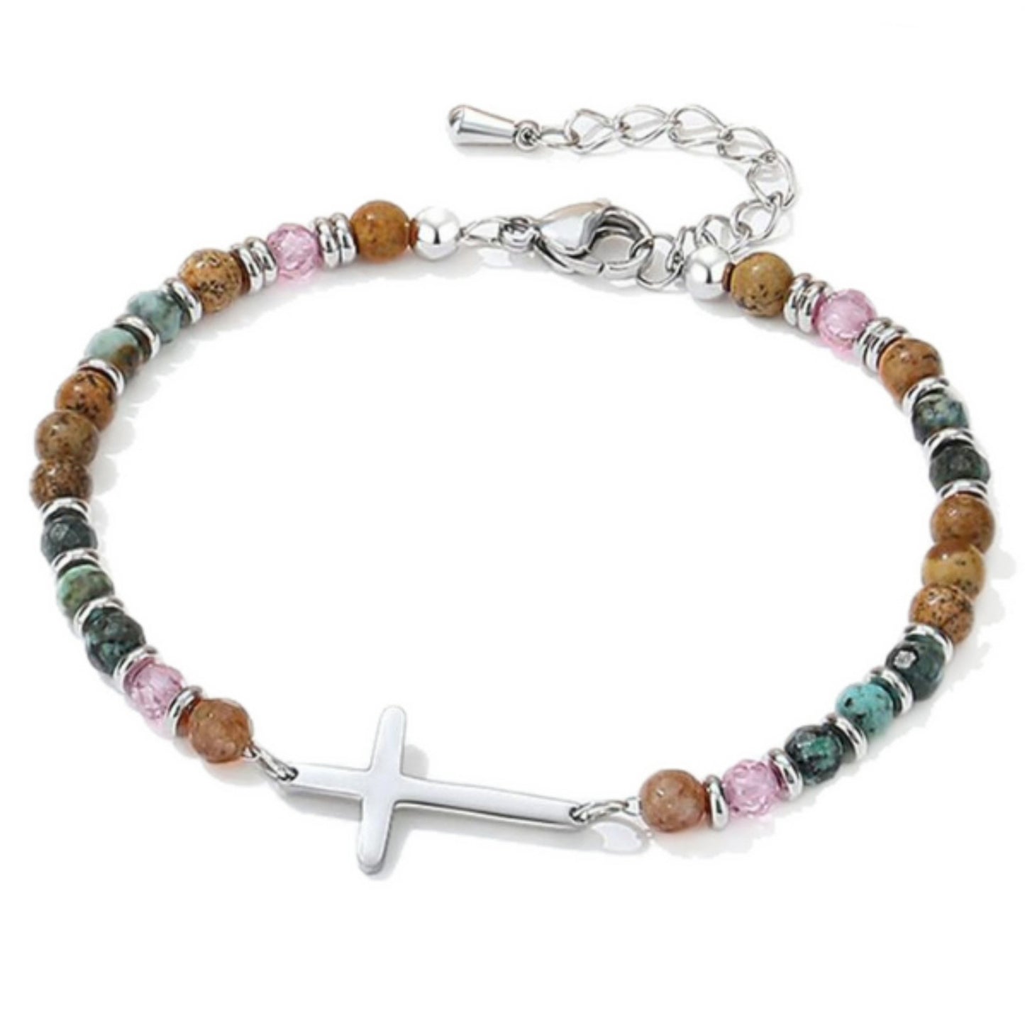Minimalist Natural Stone Cross Bracelet with Silver Spacer Beads Adjustable Chain
