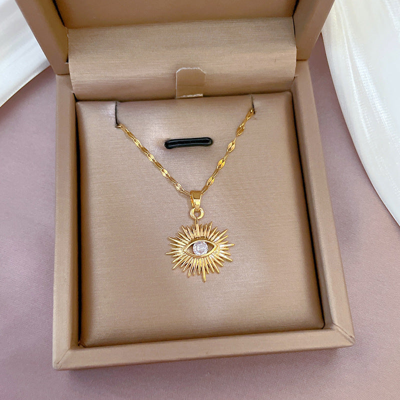 Titanium Steel Pavé Zircon Evil Eye Pendant Necklace for Women Fresh and Sweet Style Figaro Chain