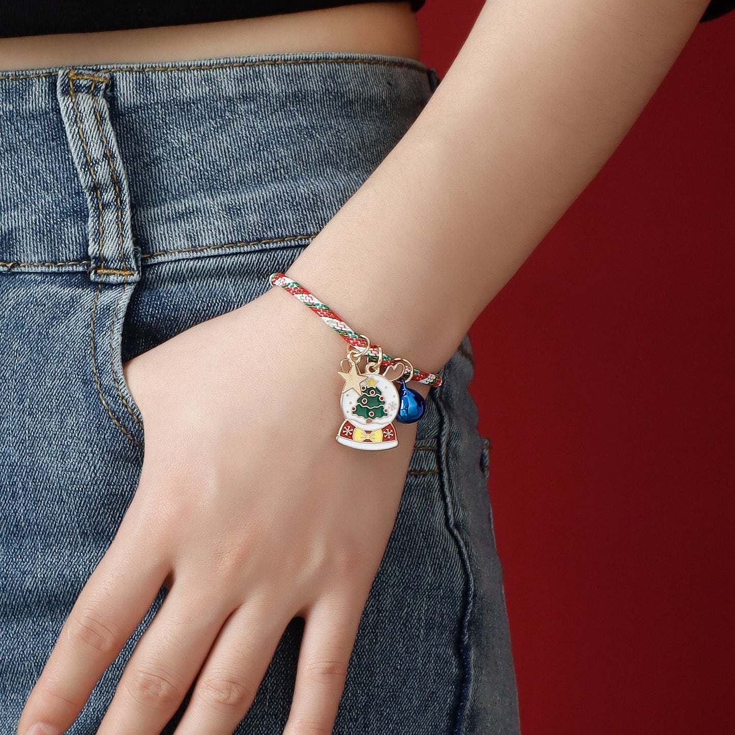 Minimalist Geometric Star and Bell Charm Bracelet with Woven Cord and Plated Finish for Christmas and Anniversary Gifting