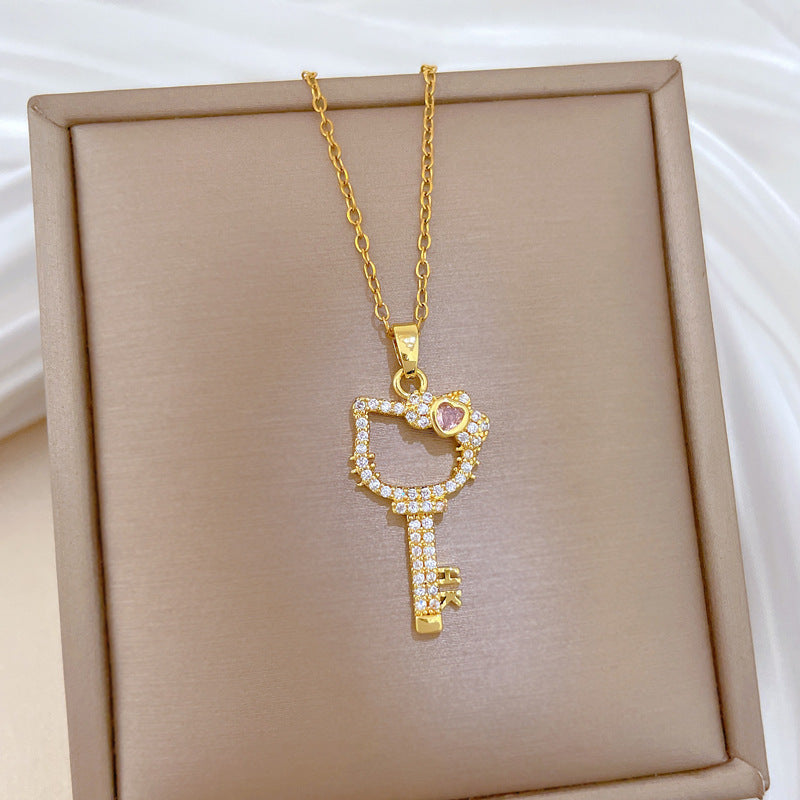 Sweet Cartoon Geometric Moon Cat Titanium Steel Necklace with Cubic Zirconia Brass Pendant for Unisex