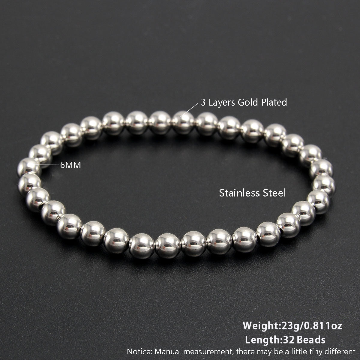 Gold Plated Stainless Steel Ball Chain Bracelet Unisex Elastic Beaded Hand String