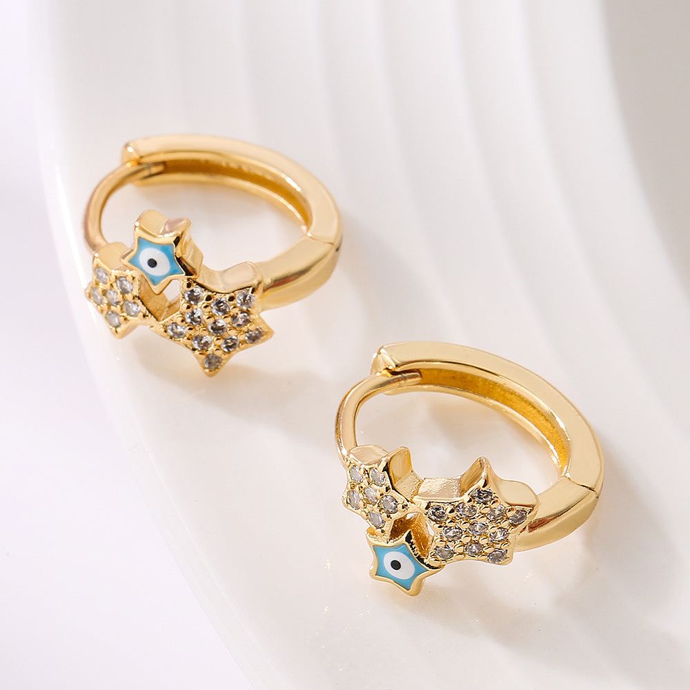Fashionable Geometric Star-Shaped Copper Earrings with Gold Plating and Enamel Eye Detail for Women
