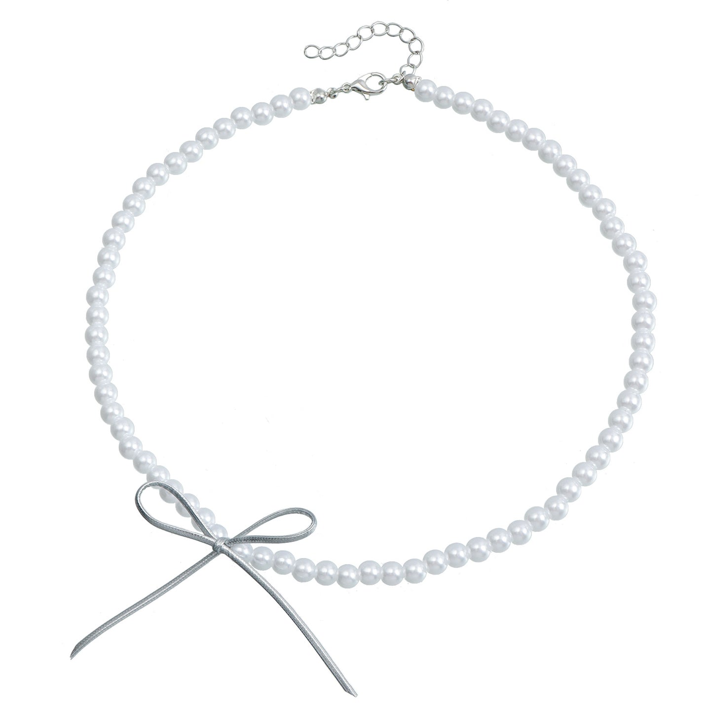 Minimalist Bow-Shaped Pearl Necklace for Women with Silver-Tone Plated Alloy Pendant on Adjustable Leather Cord
