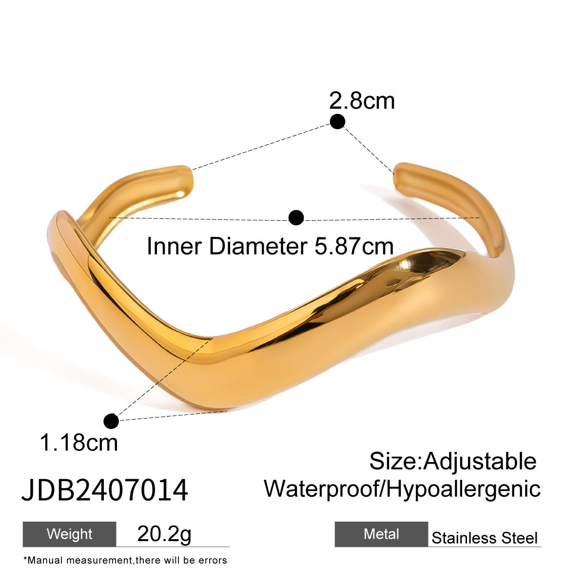 Pulsera de puño minimalista geométrica de acero inoxidable chapada en oro para mujer
