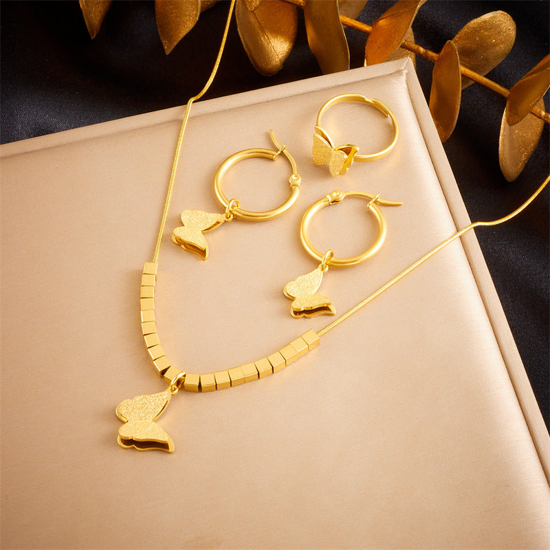 Fashion Matte Textured Gold-Plated Square Butterfly Pendant Necklace Set with Earrings and Bracelet for Women