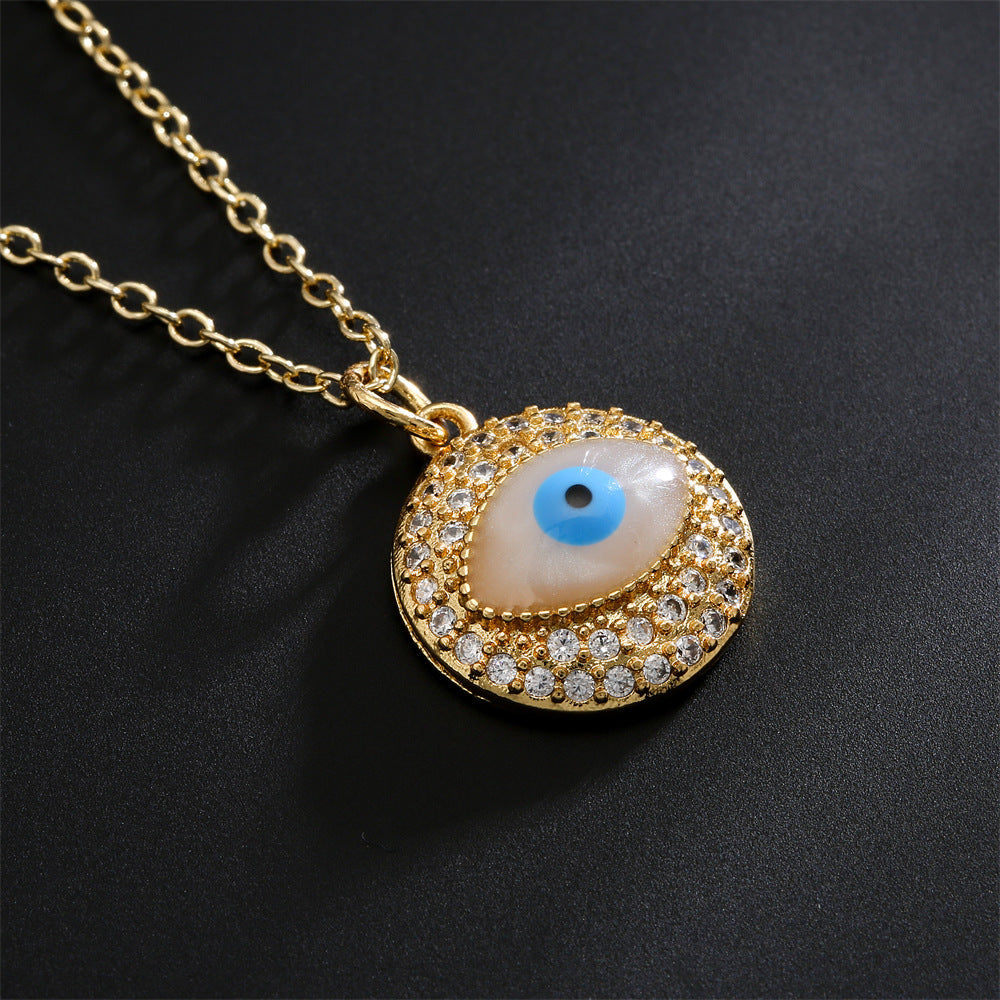 Minimalist Geometric Eye Pendant Necklace for Women with Copper Base and 18K Gold Plating, Enamel Finish and Zircon Inlay