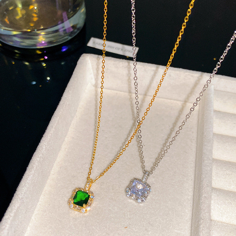 Sporty Sweet Square Fruit Emerald Cubic Zirconia Plated Titanium Steel Necklace with Brass Pendant Cable Chain