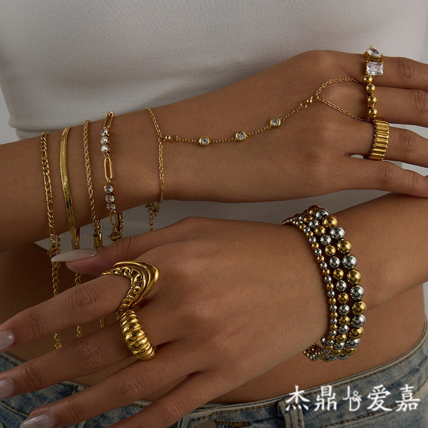 Elegant 18K Gold Plated Geometric Line Cuban Link Chain Bracelet and Ring Set with Cubic Zirconia for Women
