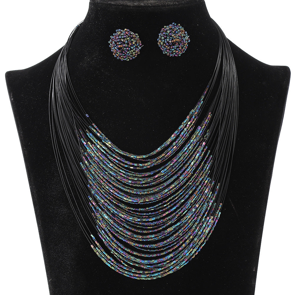 Bohemian Multi-Layer Glass Seed Bead Necklace and Earrings Set for Women with Pearl Chain and Four-Bean Pendant
