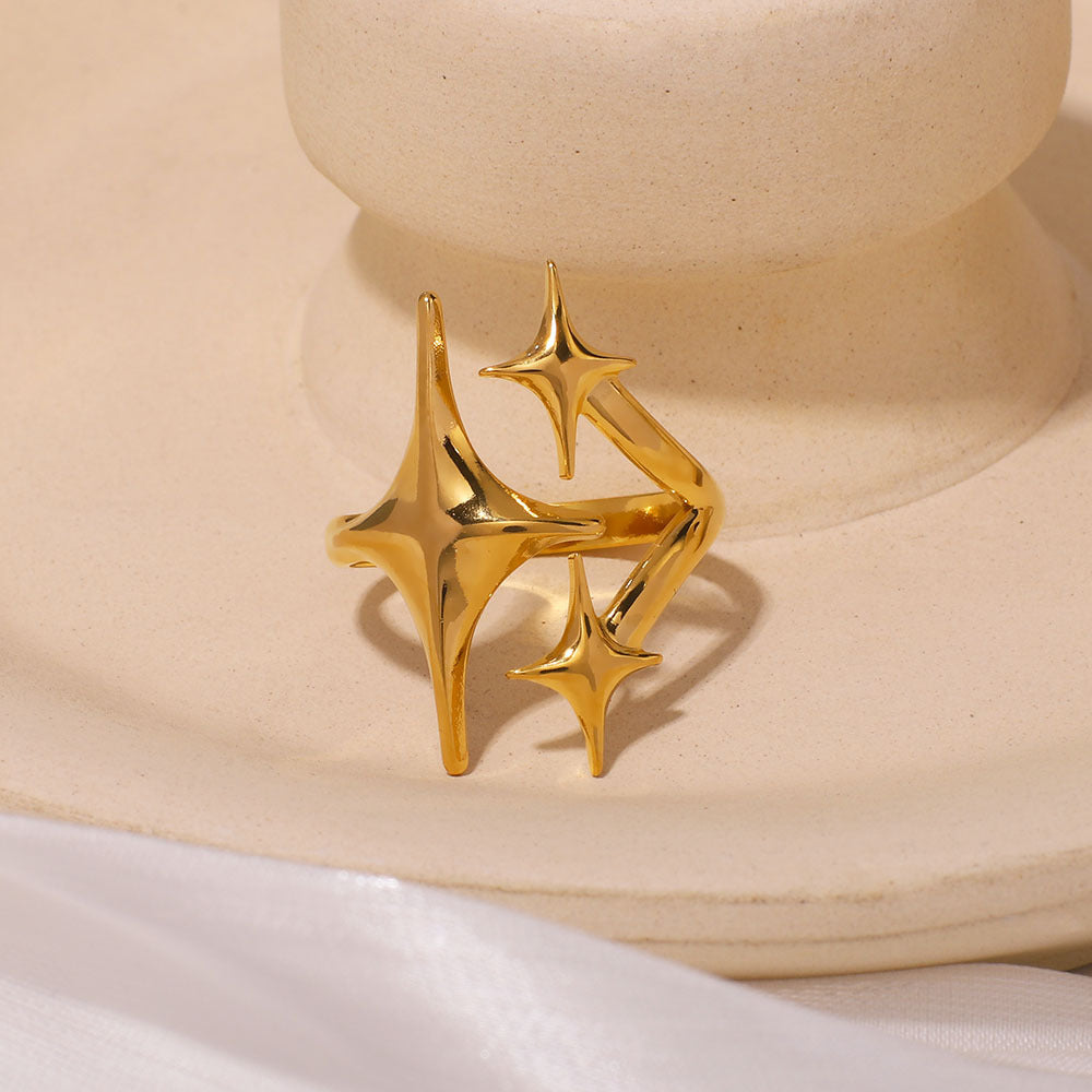 Anello ipoallergenico unisex in acciaio inossidabile lucido, a tre stelle, geometrico, minimalista