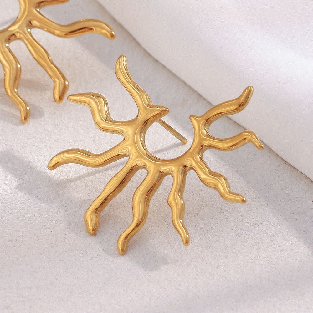 Minimalist Geometric Stainless Steel 18K Gold Plated Sun Ray Earrings for Women