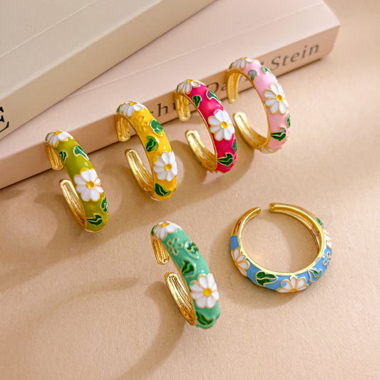 Anello da donna vintage minimalista con fiore in smalto placcato oro in ottone