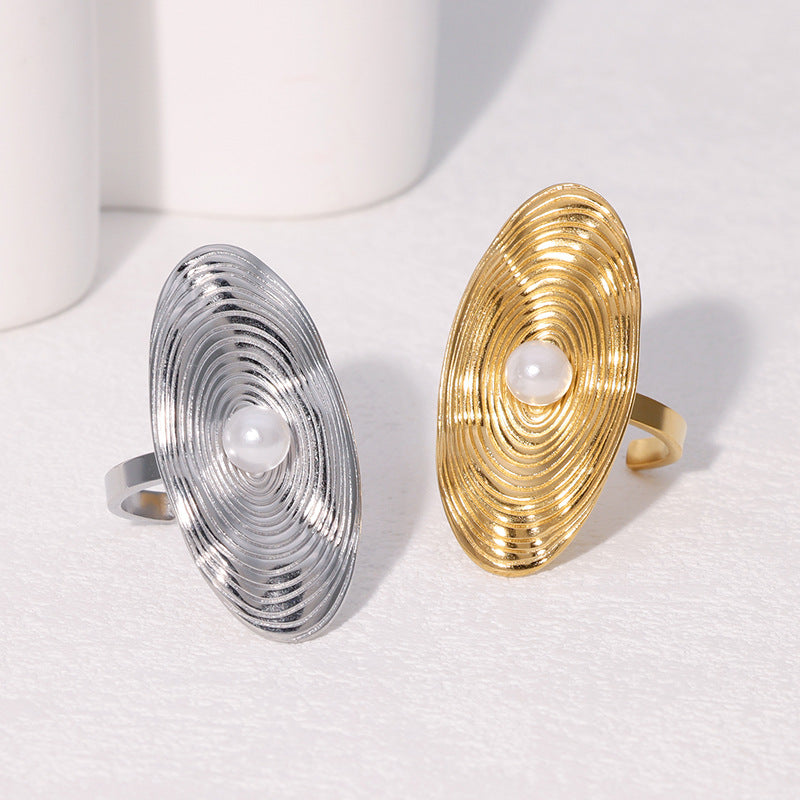 Anello Ovale Minimalista con Perla in Acciaio Inossidabile Placcato per Donna