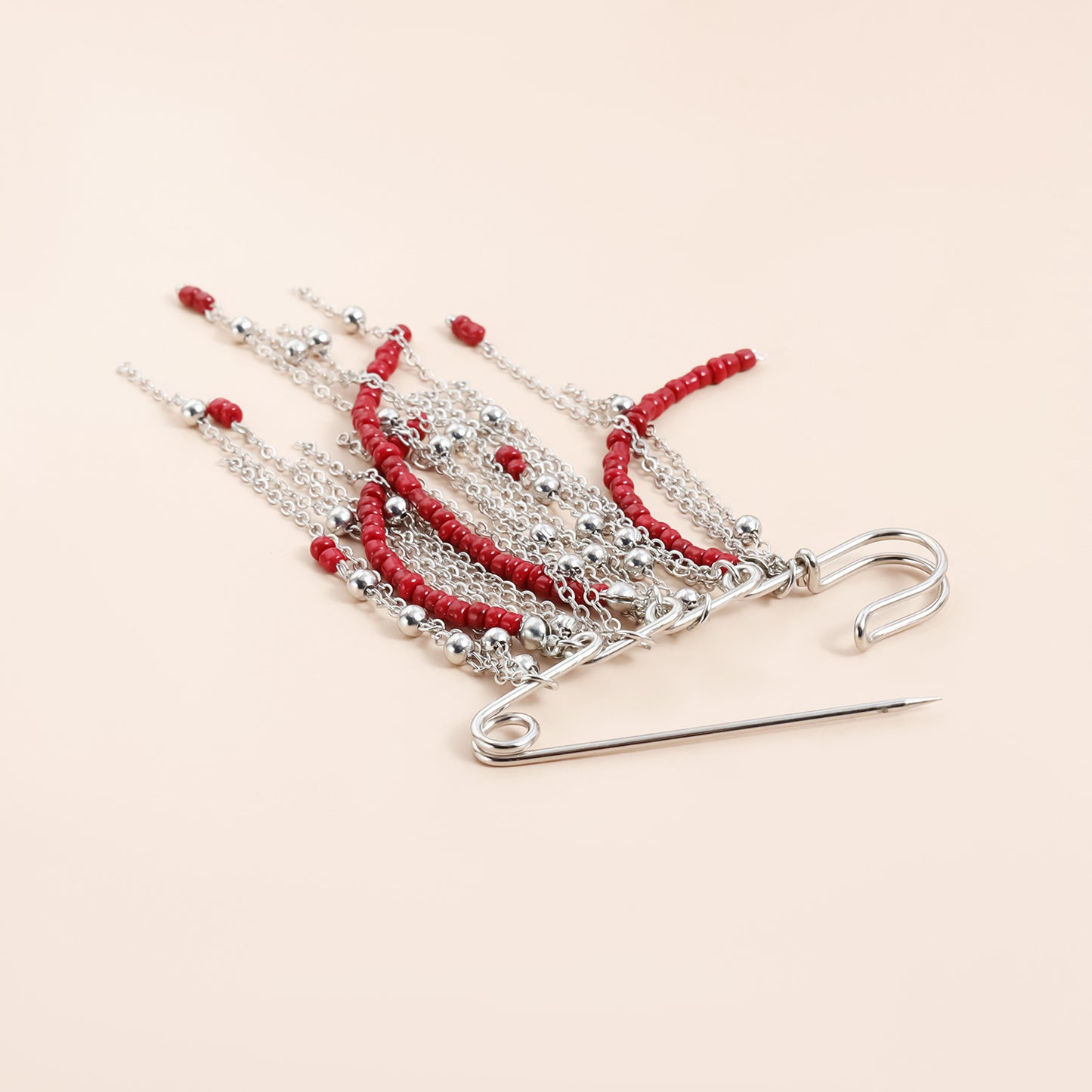Vintage Geometric Alloy Plated Brooch with Red Bead Tassel and Multi-Chain Design