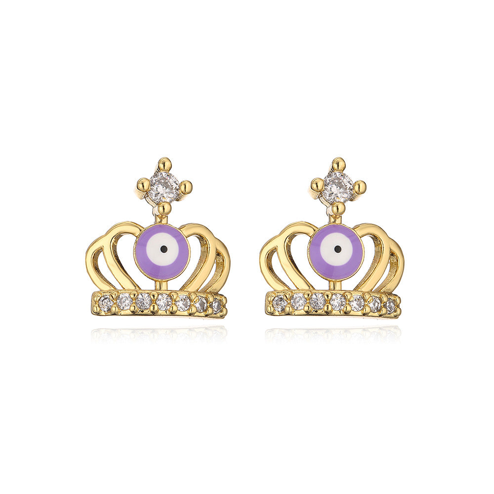 Orecchini a perno con corona geometrica personalizzata stile Ins, in rame con micro-pavé di zirconi e placcatura in oro 18K da donna
