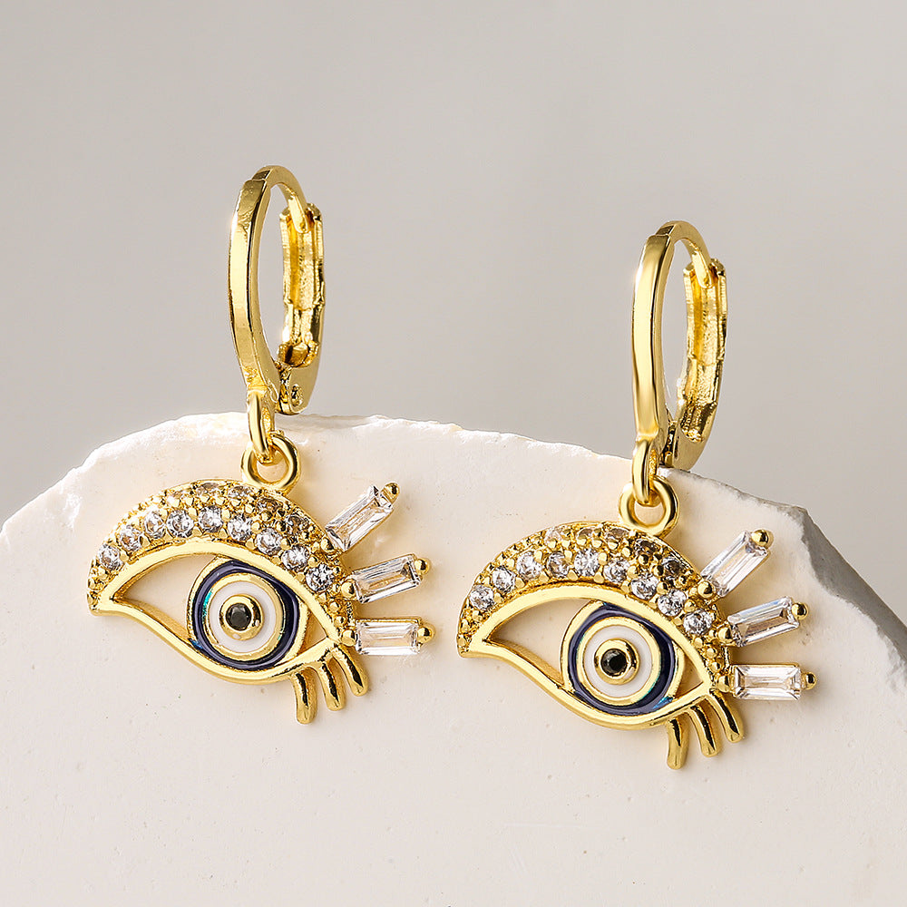 Orecchini Pendenti Geometrici Creativi in Rame con Placcatura in Oro 18K, Zirconia Micro-Incastonata, Design a Occhio Smaltato da Donna