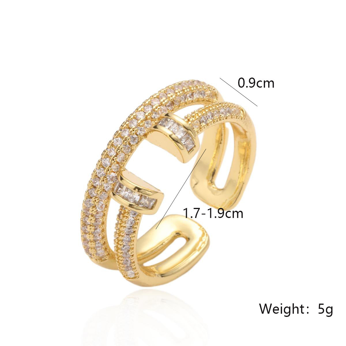 Anello aperto geometrico minimalista da donna in ottone placcato oro 18 carati e dettagli in micro-pavé