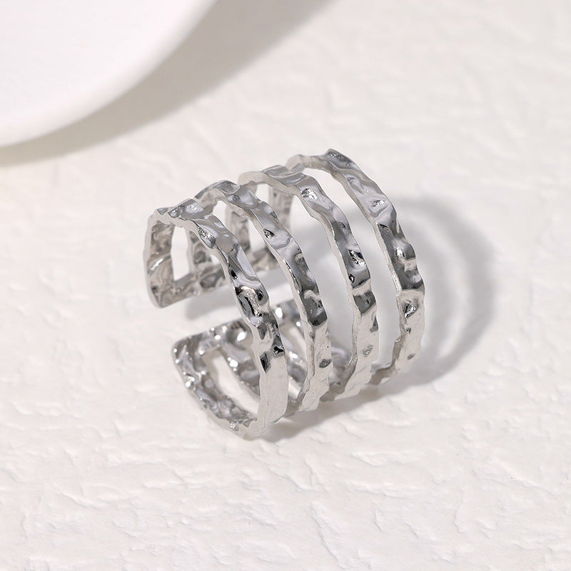 Minimalist Geometric Stainless Steel Ring with Irregular Hammered Texture and Plated Finish for Women