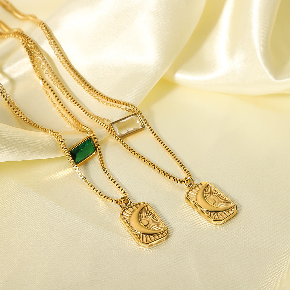 INS Style Moon and Sun Pendant Necklace Set with Zirconia on Stainless Steel Double Layer O-Chain for Women
