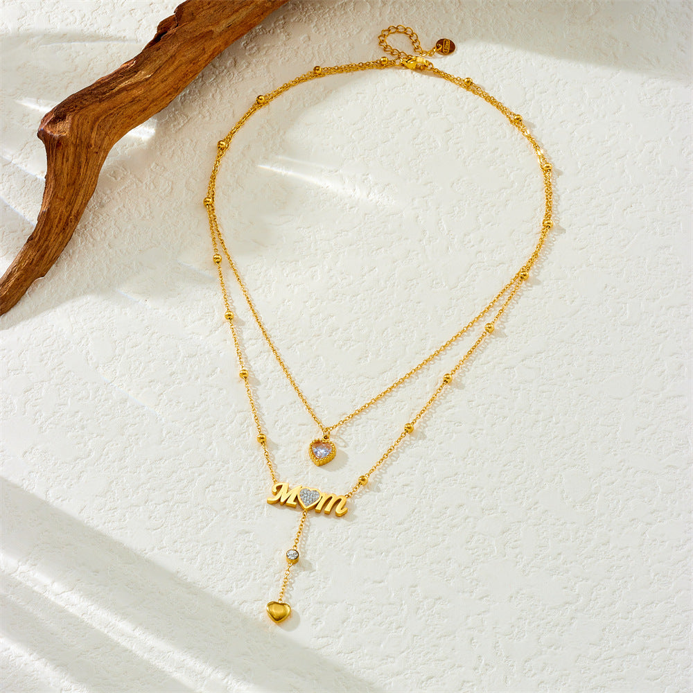 Minimalist Elegant Heart Letter Rhinestone Inlay Plated Stainless Steel Multi-Layer Necklace for Women