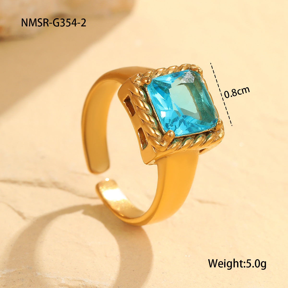 Anillo Abierto Minimalista Geométrico Cuadrado de Circonita de Acero Inoxidable con Baño de Oro de 18K para Mujer