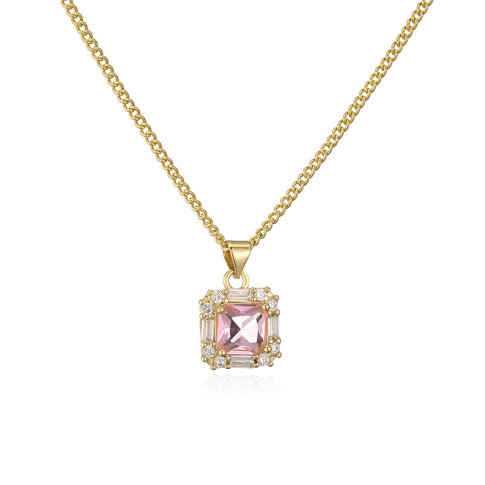Collana con ciondolo quadrato geometrico vintage da donna in rame placcato oro 18 carati e zirconi incastonati