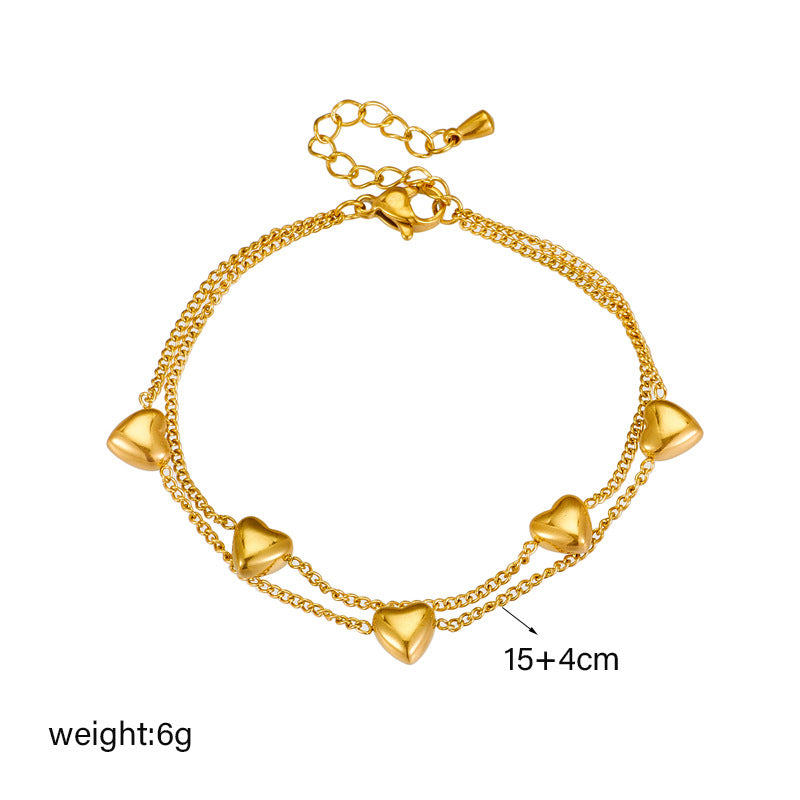 Minimalist Fashionable Double-Layer Snake Chain Heart-Shaped Titanium Steel Bracelet for Women with Plated Finish