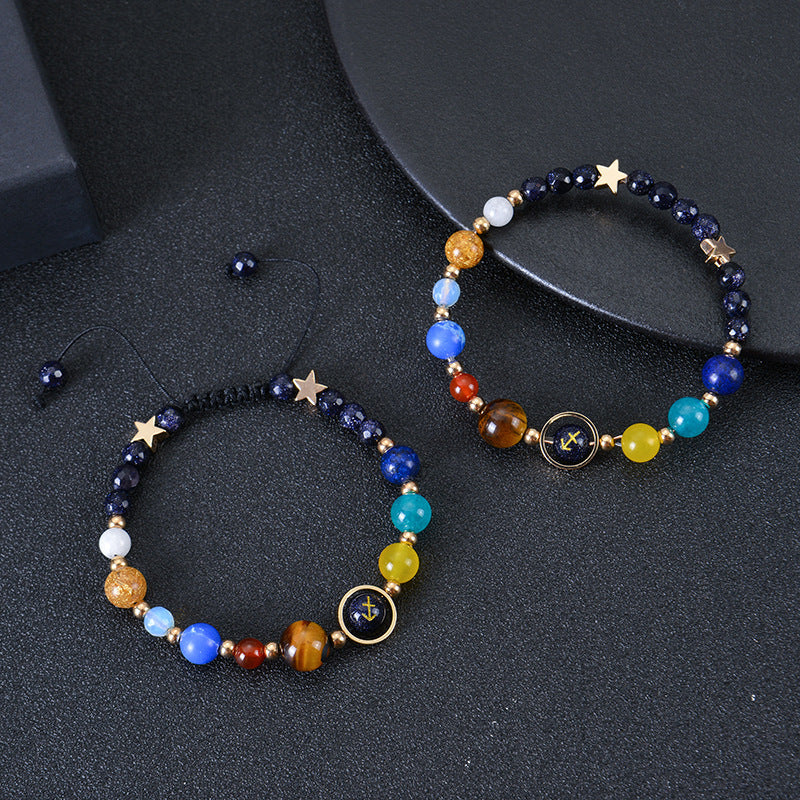 Elegant Geometric Natural Stone Obsidian Crystal Blue Sandstone Bracelet Unisex Zodiac Galaxy Universe Star Beaded Bracelet