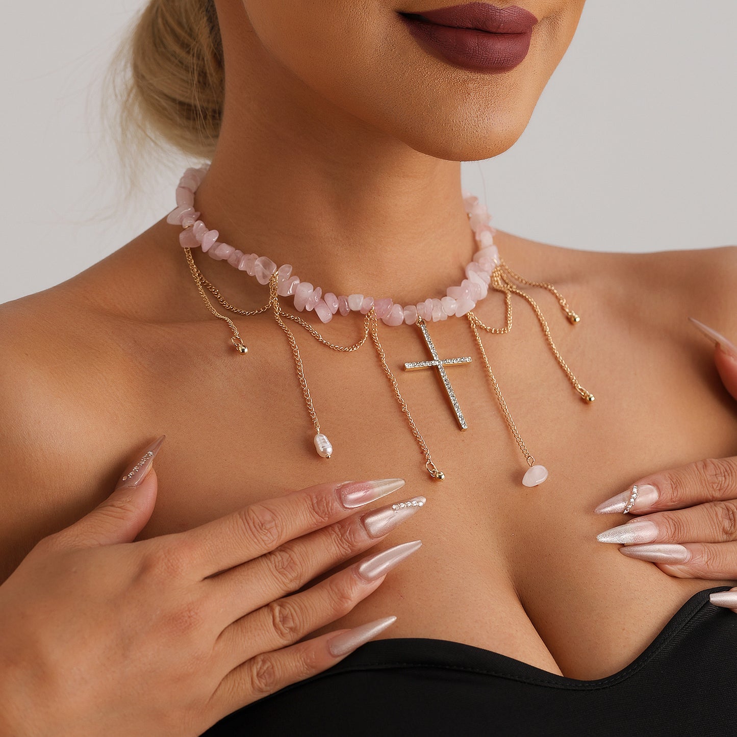 Geometric U-Shaped Cross Pendant Necklace for Women with Rhinestone Inlay and Gold-Plated Alloy Chain