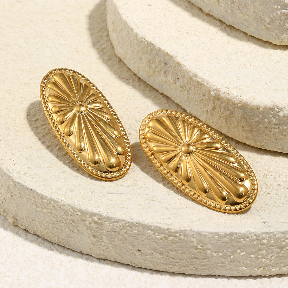 Minimalist Geometric Shield-Shaped Stainless Steel Earrings with 18K Gold Plating and Floral Radiance Detail