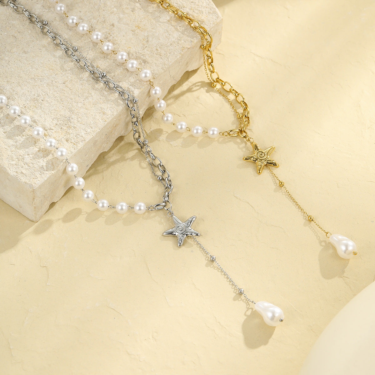 Collana pendente minimalista con perla in acciaio inossidabile placcato oro per donna, catena alla clavicola alla moda