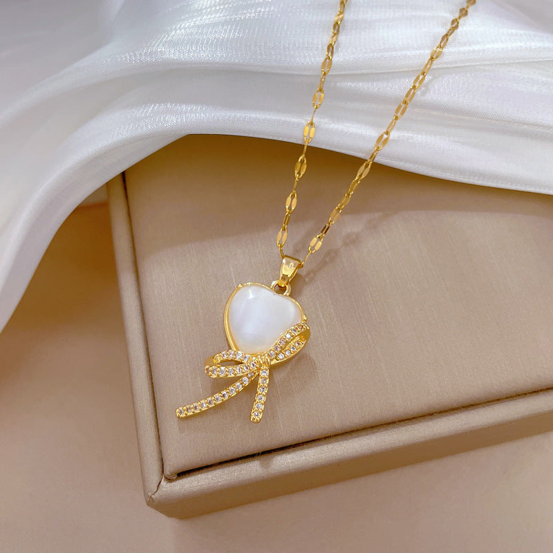 Minimalist Bowknot Pendant Necklace for Women Stainless Steel Chain with Rhinestone Inlay and Moon Motif