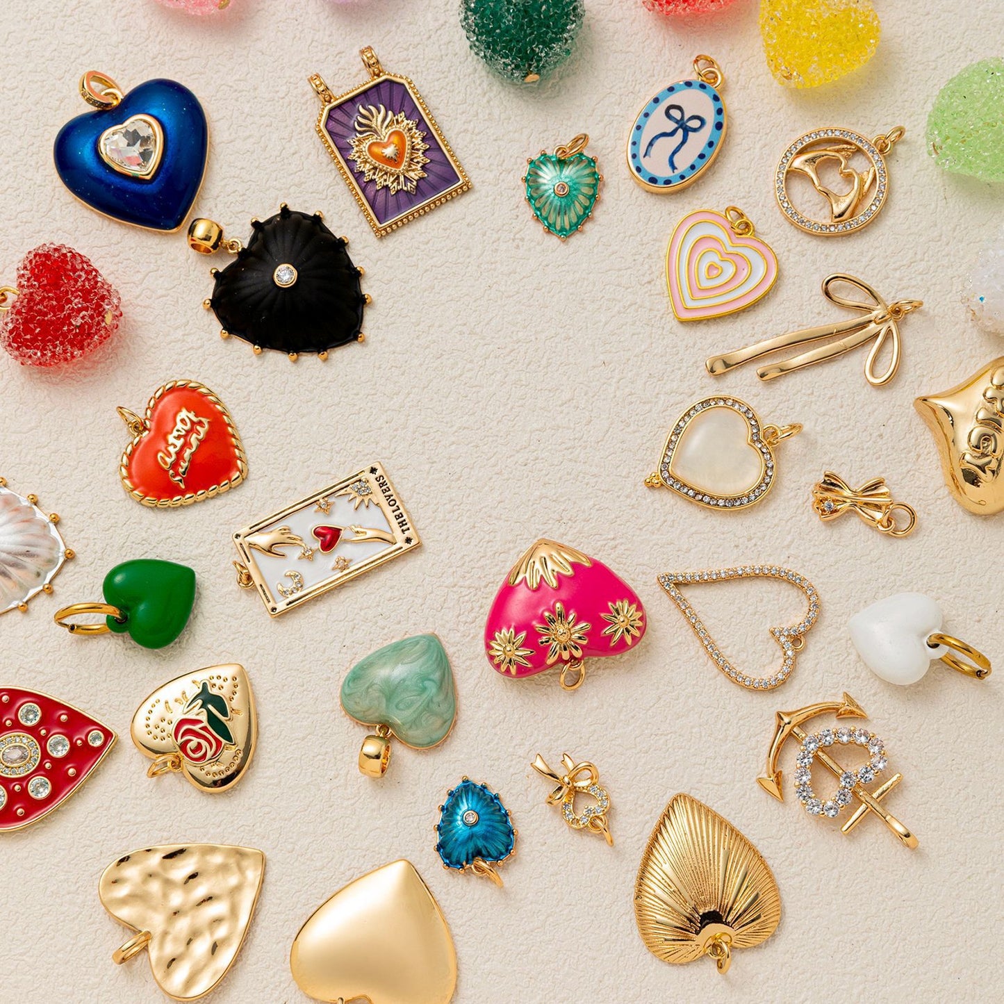 Minimalist Vintage 18K Gold Plated Brass Heart Bow Drip Oil Cubic Zirconia Charm Bar